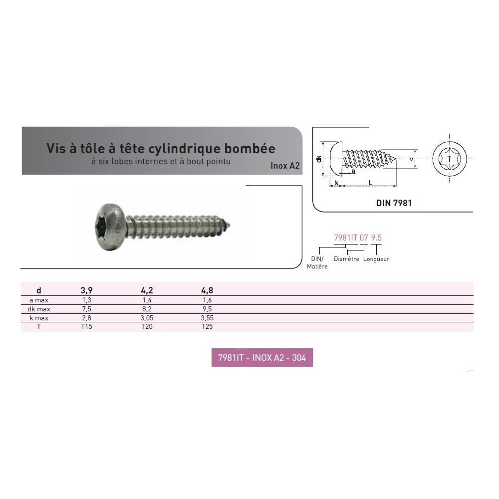 VIS TOLE TC TORX DIN 7981C INOX A2 photo du produit Vue arrière L