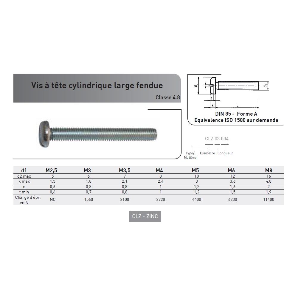 VIS METAUX TCL FENDUE DIN 85 ACIER ZINGUE CL 4.8 photo du produit Vue arrière L