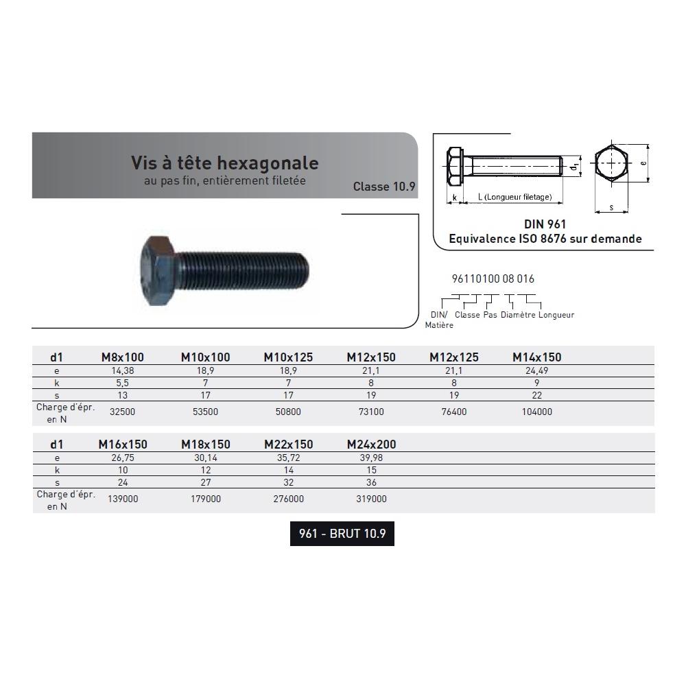 VIS TH FILETAGE TOTAL PAS FIN DIN 961 ACIER BRUT CL 10.9 photo du produit Vue arrière L